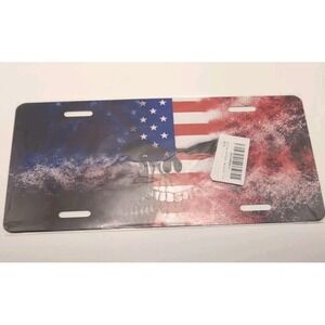 DISTRESSED BLUE AMERICAN FLAG WITH PUNISHER SKULL LICENSE PLATE AUTO CAR .040 GA